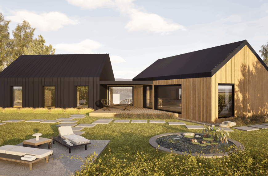 Dom parterowy z otwartym sufitem i patio